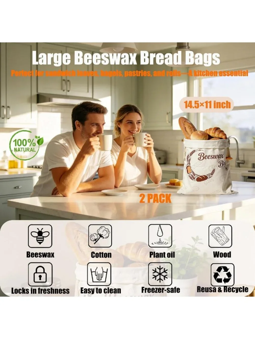 Eco-Friendly Reusable Beeswax Bread Bags - 2 Pack for Fresh Sourdough Storage